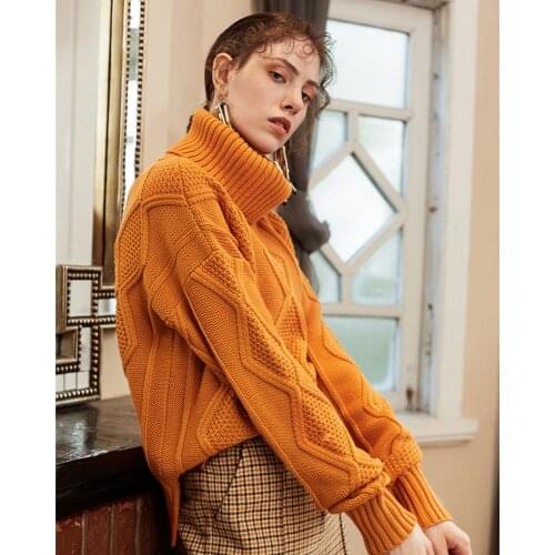 Merino wool blend fashion argyle thick knit women wide loose pullover sweater irregular long XS-XL orange yellow 2color