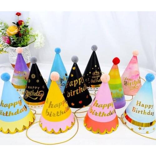 Happy Birthday Party Hat Childrens Birthday Baby Adult Party Furry Ball Birthday Hat Colorful Red Series Party Hat Decor SN1347