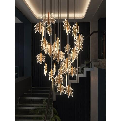 Modern Golden Maple Leaf Staircase LED Chandelier Lighting Nordic Duplex Building Living Room Luster Villa Stairwell Chandelier