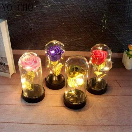 YO CHO 20CM LED Soap Rose Glass Cover Immortal Flowers Latex Roses in Flask Gold Roses Lamp Home Decor Valentines day Gifts Box