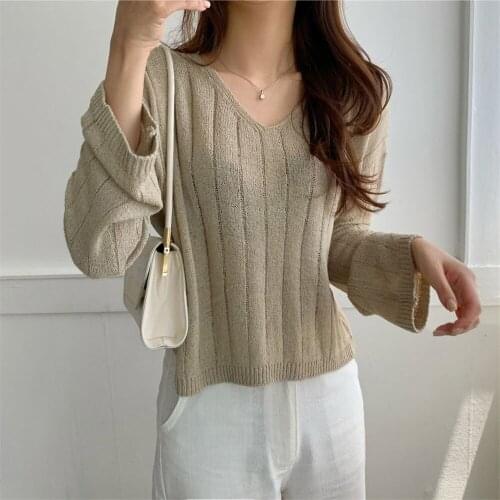 4 Colors Women Autumn Solid Minimalist V-Neck Sweaters 2021 Pullovers Jumpers Sunscreen Knitwear Slim Loose Tops OL