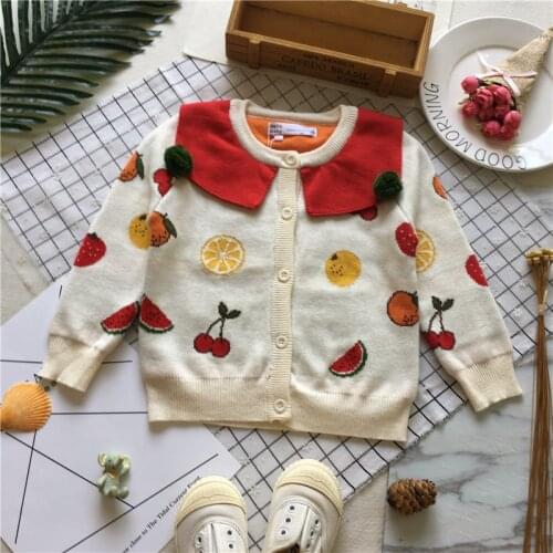 Tonytaobaby Fall and Winter Clothes New Style Baby Girls Pure Cotton Fruit Cardigan Sweater Child Navy Collar