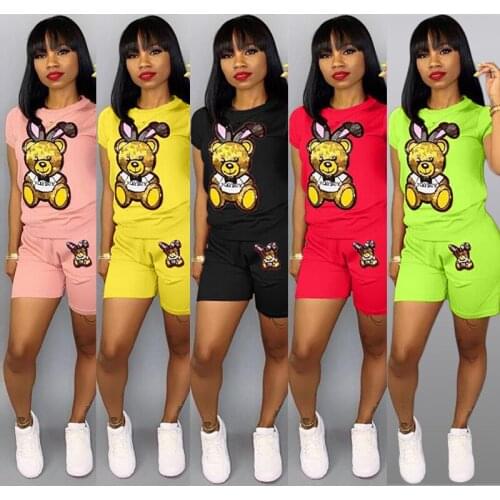 Ueteey New Two-piece Lovely Cartoon Sequin Design Two-piece Short Set