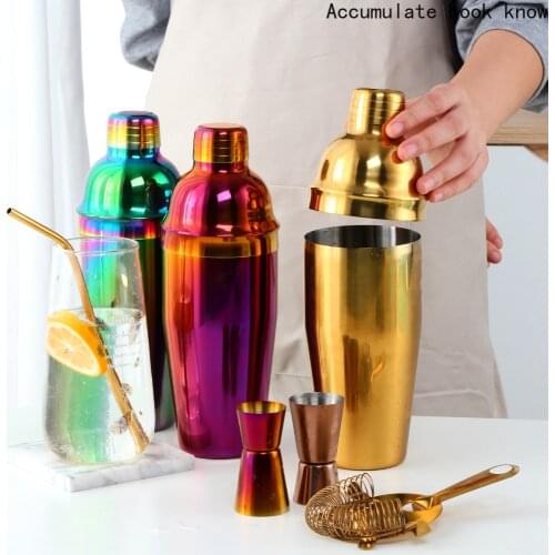Bright gold Stainless Steel Rainbow Boston Cocktail Set 750ml Cocktail Shaker Set with Strainer Measure Cup Bartender Tool