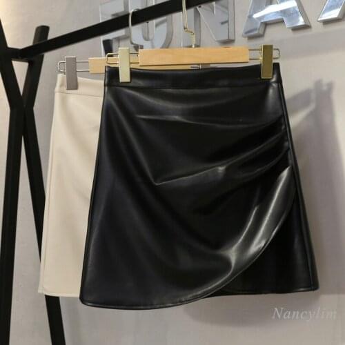 PU Leather Skirt Womens Autumn 2021 New Fashion Irregular Pleated Slim-Fit High Waist A- Line Package Hip Skirts Femme