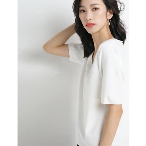 DAXIN Women Summer T Shirt Knitted Casual Short Sleeves Top V-Neck Loose Kintwear Basic Female T-shirt W
