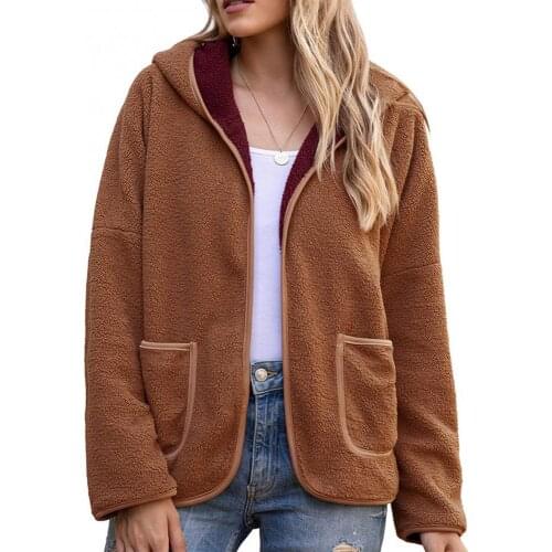 Women Autumn Winter Pockets Open Front Hooded Jacket Plush Warm Coat Outerwear 2021