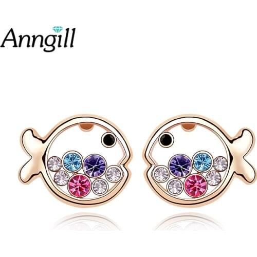 Anngill Fashion Small Fish Design Top Quality Earrings Austrian Crystal Stud Earring for Women Boucle D'oreille Pendientes Mujer