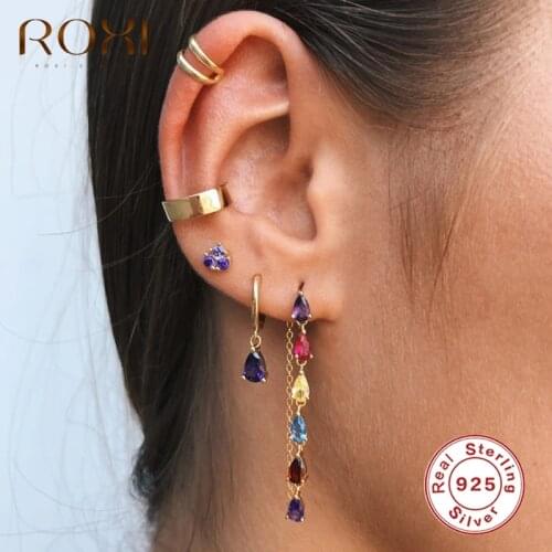 ROXI Bohemia Teardrop Colorful Gemstones Hoop Earrings for Women Wedding Jewelry Earrings 925 Sterling Silver Purple Blue Green