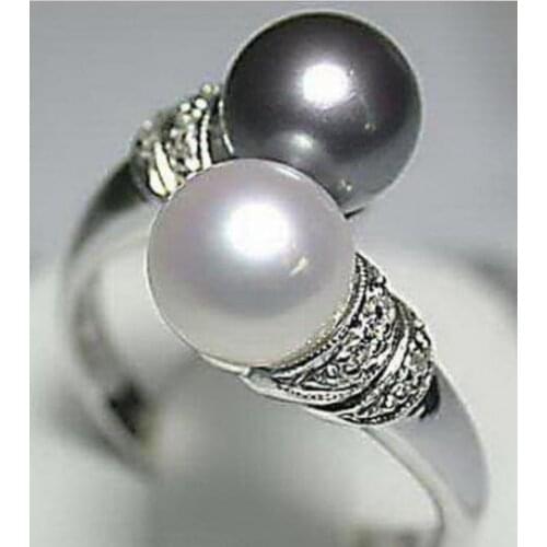 Hot Sale New Style >>>>Real Black White Pearl Beads Ring Size 6.7.8.9