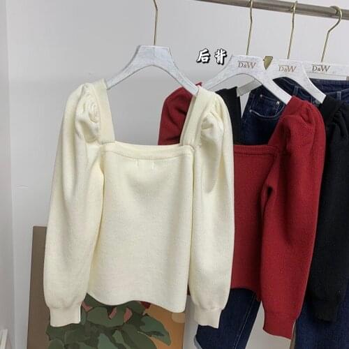 Female Long Sleeve Solid Knitwear 2021 Fall Winter Women New Gentle Square Neck Vintage French Puff Sleeve White Fairy Sweater