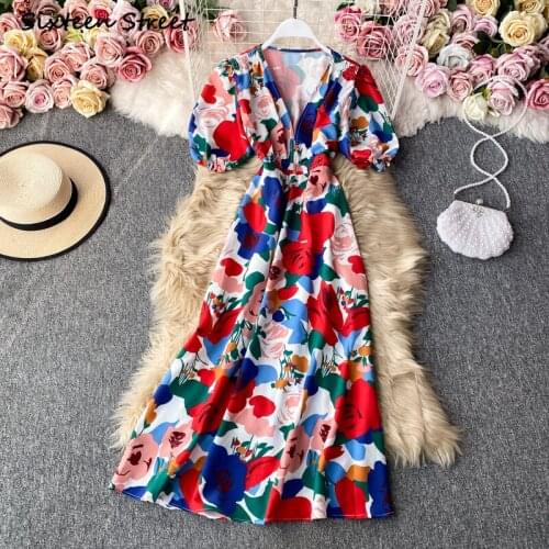 Maxi Dresses for Women Summer Sexy Dress Y2k Clothing Women Retro Print V Neck Puff Sleeve High Waist Short Sleeved Fashion 2021