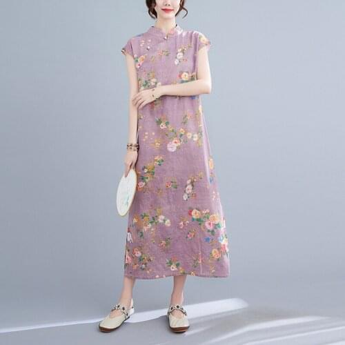 Female Vintage Ethnic Style Cheongsam Soft Cotton Short Sleeve Slim Women Print Summer 2021 New Dress Vestiddos