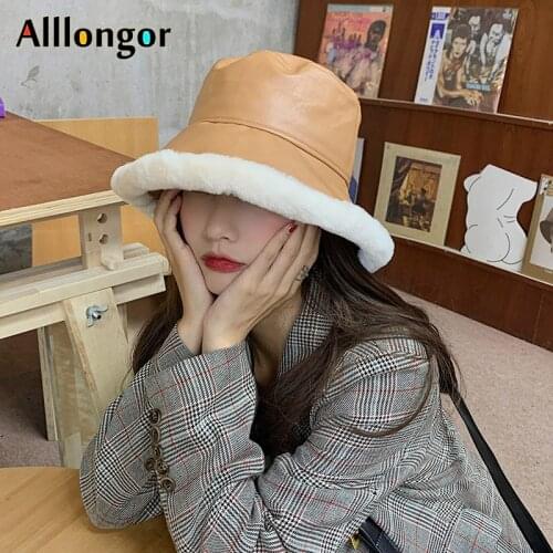 Winter Leather Faux Fur Bucket Hat Women New Autumn 2020 Black Bob Chapeau Femme Gorro Pescador Mujer Fisherman Cap Wholesale
