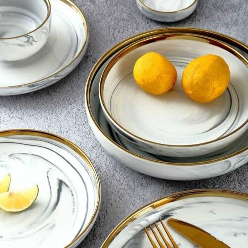 2 Pcs Creative marble pattern Phnom Penh ceramic Western tableware household deep soup dish rice noodle bowl set dinner plates