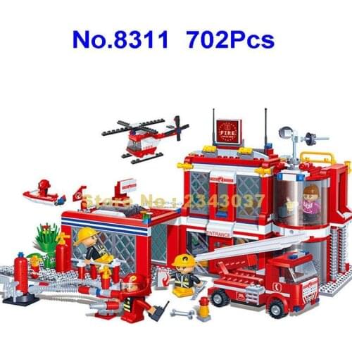 8311 702pcs Urban Fire Station Firefighters Truck Boat Helicopter Building Blocks Toy