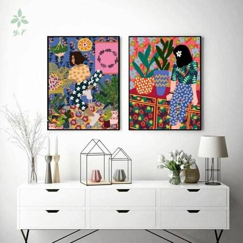 Abstract Fashion Vintage Girl Canvas Wall Art Plant Dog Posters Home Decoration