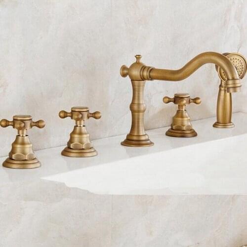 Antique Brass Widespread Bathroom Sink Basin Bathtub Faucet Mixer Tap Set With Hand Shower atf035
