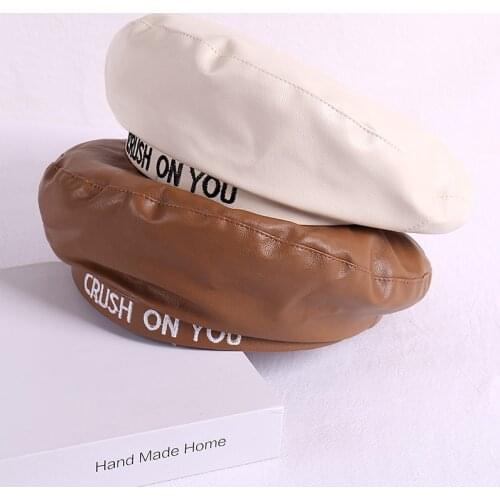 Beret Female Autumn Winter Embroidered Letter Pu Leather Flat Top Hat Japan South Korea Mall Street Photography Шапка Женская