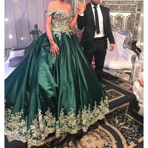 Turquoise 2021 Dark Green Quinceanera Dresses Lace Gold Applique Satin Ball Gown Prom Gowns Sweet 16 Formal Dress Custom