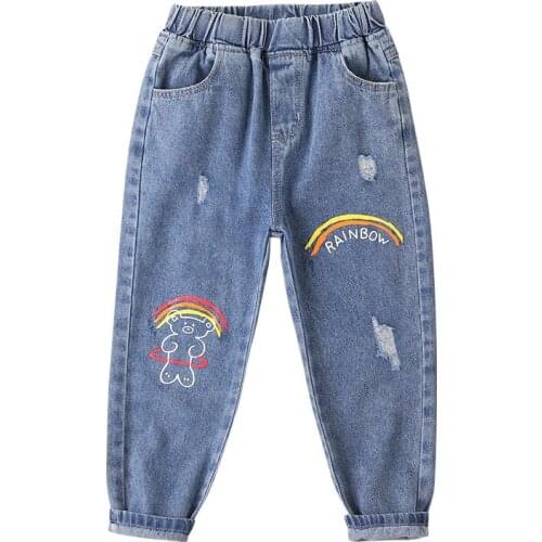 8 10 years Girls Cartoon Bear Jeans 2021 Spring Teen Girls Casual Trousers