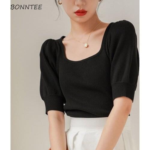 T-shirts Women Bodycon Solid Elegant Square Collar Casual Screw Thread Slim Korean Style Summer Knitted Short Puff Sleeve Office