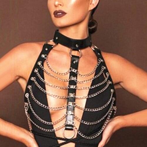 Harajuku Erotic Accessories Women Lingerie Adjustable Faux Leather Chain Tassel Body Chest Harness Roleplay Costume Clubwear