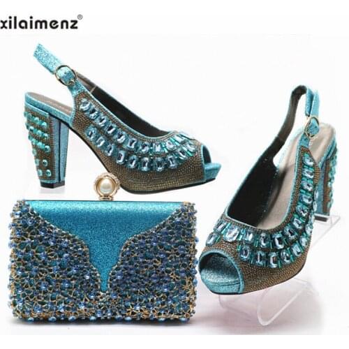 Sky Blue Color African women Shoes and Bags To Match Set Decorated with Rhinestone Italian Wedding Party Shoes and Bag Sets