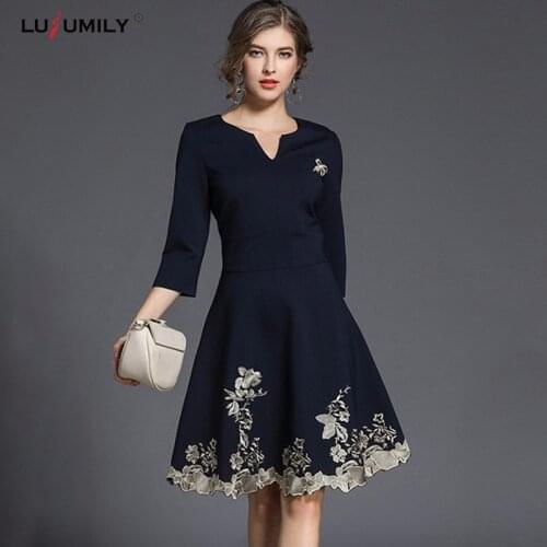 Lusumily Spring Autumn Embroidery Dress Women V Neck Elegant Female Fashion Casual Lady Retro Dress Vintage Office Party Dresses