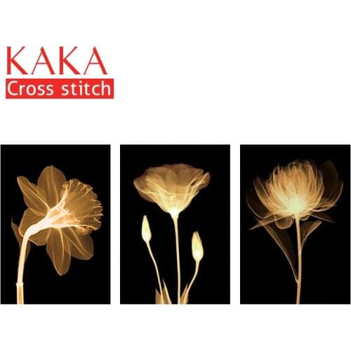 KAKA Cross stitch kits,5D Triplets Gold Flowers,Embroidery needlework sets with printed pattern,11CT canvas,Home Decor Painting