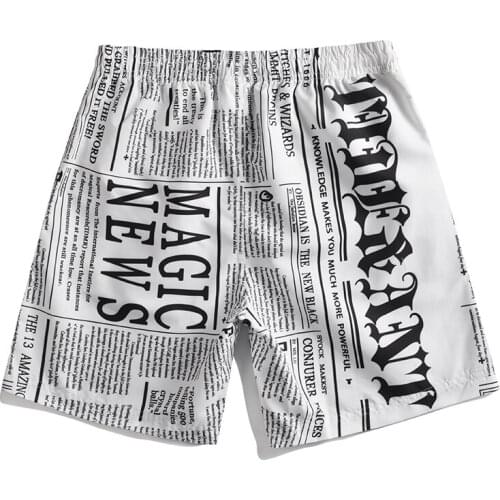 Newest Mens White Board Shorts Plus Size Swimming Trunks Boys Surfing Short Homme Bermuda Surf Newspaper Printed Beach Pants