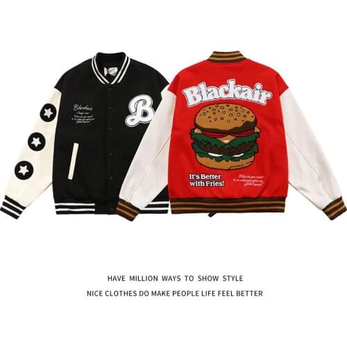 New Arrival Autumn Spring Hamburger Embroid Patchwork Men Letterman Baseball Bomber Unisex Women Varsity Stadium Jacket Award