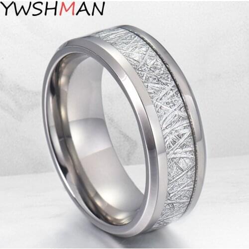 8MM Men Women Stainless steel Wedding Band Rings With Carbon Fiber And White Meteorite Inlay Comfort Fit