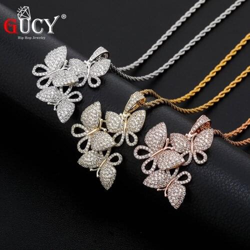 GUCY Butterfly Pendant Necklace Iced Out Tennis Chain AAA Cubic Zircon Mens Women Hip Hop Rock Jewelry For g