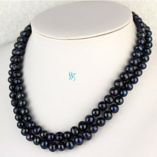 17-18" 7-9mm 2row Black Freshwater Pearl Necklace Strand Fashion Jewelry