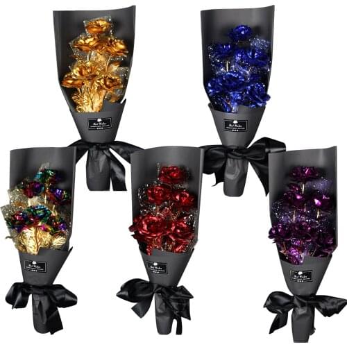 Valentines Day Gift 24K Foil Plated Gold Rose Bouquet beautiful never-fading rose symbol of love Beautifully Packaged Black Box