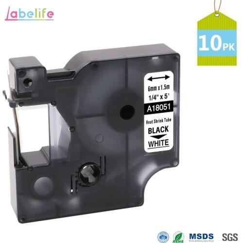 Labelife 10 Pack 18051 Black on White 6mm for DYMO S0718260 Compatible Rhino IND Heat Shrink Tubes min. 1.18mm - max. 2.33mm