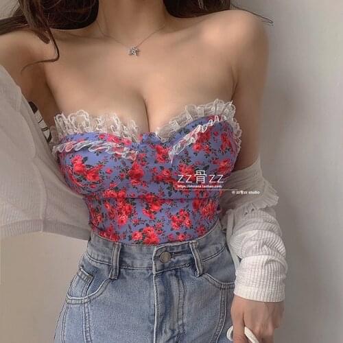 WOMENGAGA Summer Tops New Sweet Lace Ruffle Low Bust Hot Sexy 3D Flower Lady Strapless Vest Tank Top Chinese Girl 78VC