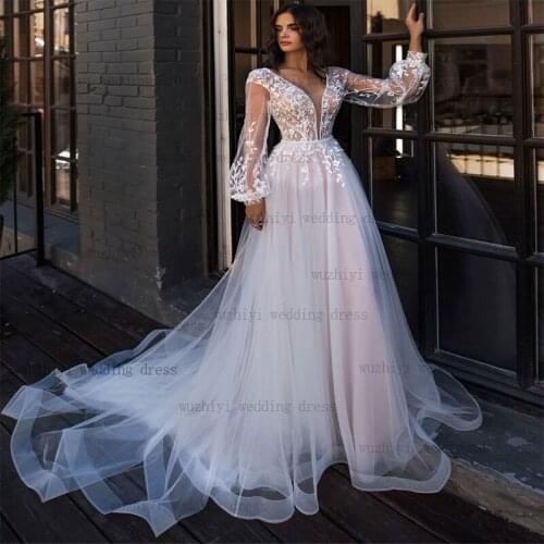 Wuzhiyi wedding dress sexy illusion robe de soiree v neck deep cut vestido de noiva puff sleeves dress Ruched plus size Gown