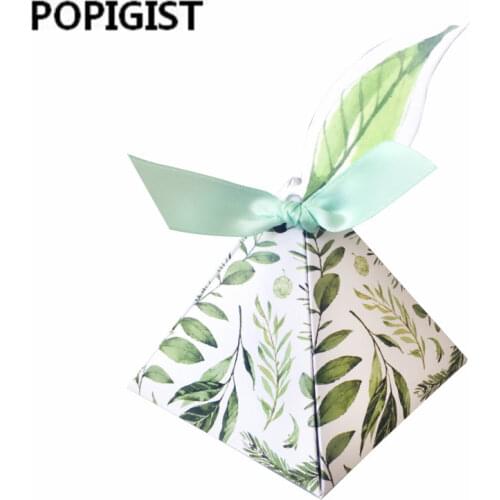 Green forest Style Triangular Pyramid flower leaves Candy Boxes with leaf tags Wedding Favors Bomboniera birthday Party gift box