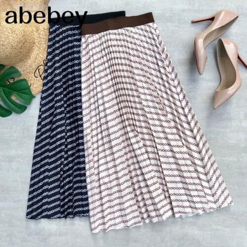 Women Long Skirt 2021 Summer New Fashionable Chain Striped Print A Line High Waist Pleated Midi Skirt Female Ladies