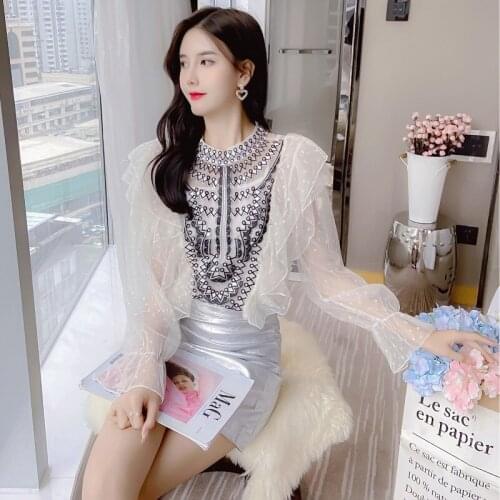 Sweet Ruffle Embroidery Dot Mesh Lace Top Womens 2021 Autumn Temperament Trumpet Long Sleeve Small Shirt Fashion