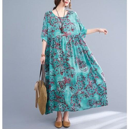 New 2021 Summer Sundress Women Dress One Piece Cotton 4XL 5XL 6XL Print Long Dress Vintage Fashion Boho Beach Linen Dress Robe