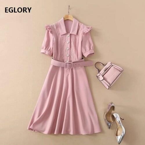 European Style 2021 Spring Summer Dress High Quality Ladies Turn-down Collar Ruffle Deco Short Sleeve Mid-Calf Sweet Pink Dress