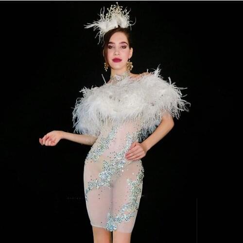 Sparkly Rhinestone Dress For Singer Women See-Through Feather Dress Nightclub Celebrity Party Outfit Model Stage Costume vdb2167