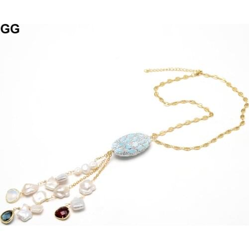 GG Jewelry Nature Freshwater White Keshi Pearl Blue Larimars Pave Silver Color Rhinestone Oval Shape Pendant Necklace For Women