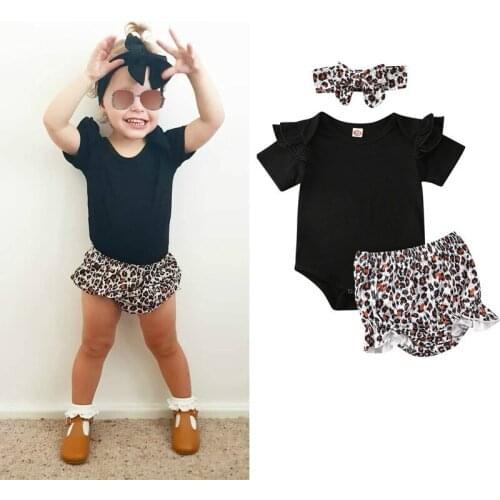 3pcs Infant Baby Girl Short Sleeve Tops Romper+Leopard Print Shorts Outfit Sunsuit Summer Casual Baby Girl Clothes Set