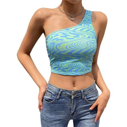 Women Blue Wavy Printed Pattern Tank Top Close-fitting Sexy Vest One-shoulder Sleeveless Crop Tops Summer Exposed Navel Camisole