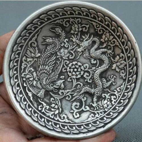 Copper Statue Collect Tibet Buddhism Old Miao silver plate carve dragon phoenix lucky plate
