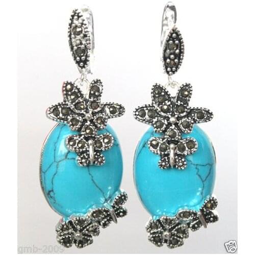 Fashion Jewelry 925 Sterling Silver Blue Flower Marcasite Earrings
